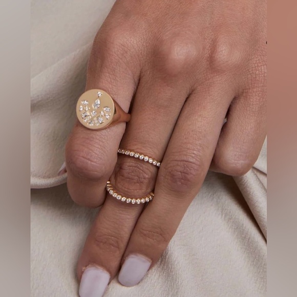 14K DIAMOND MOSAIC BRUSHED GOLD ROUND SIGNET RING - Picture 8 of 9